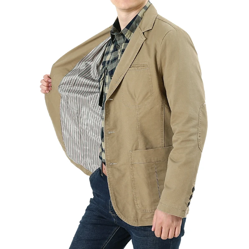 Herren Casual-Leinenblazer im Worker-Blousonstil mit Hemdkragen, aufgesetzten Pattentaschen und gestreiftem Innenfutter Drune