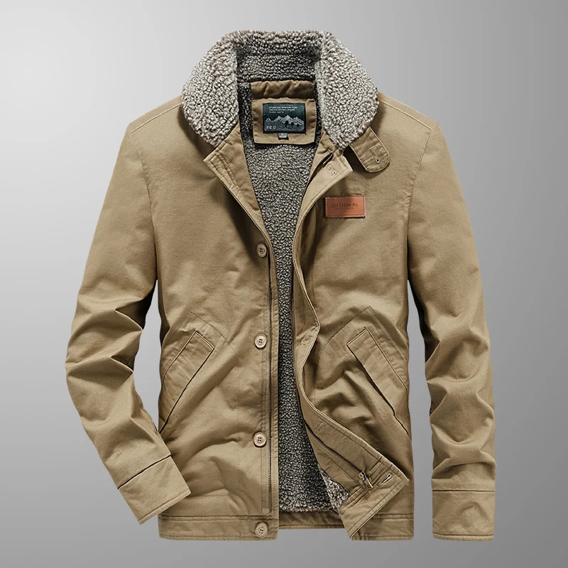 Herren Canvas-Workerjacke mit Sherpa-Innenfutter, Reiß- und Druckknopfverschluss Drune