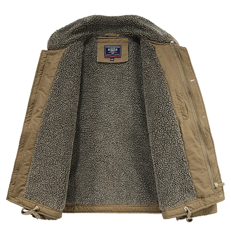 Herren Canvas-Workerjacke mit Sherpa-Futter, Stehkragen und Diagonal-Taschen Drune