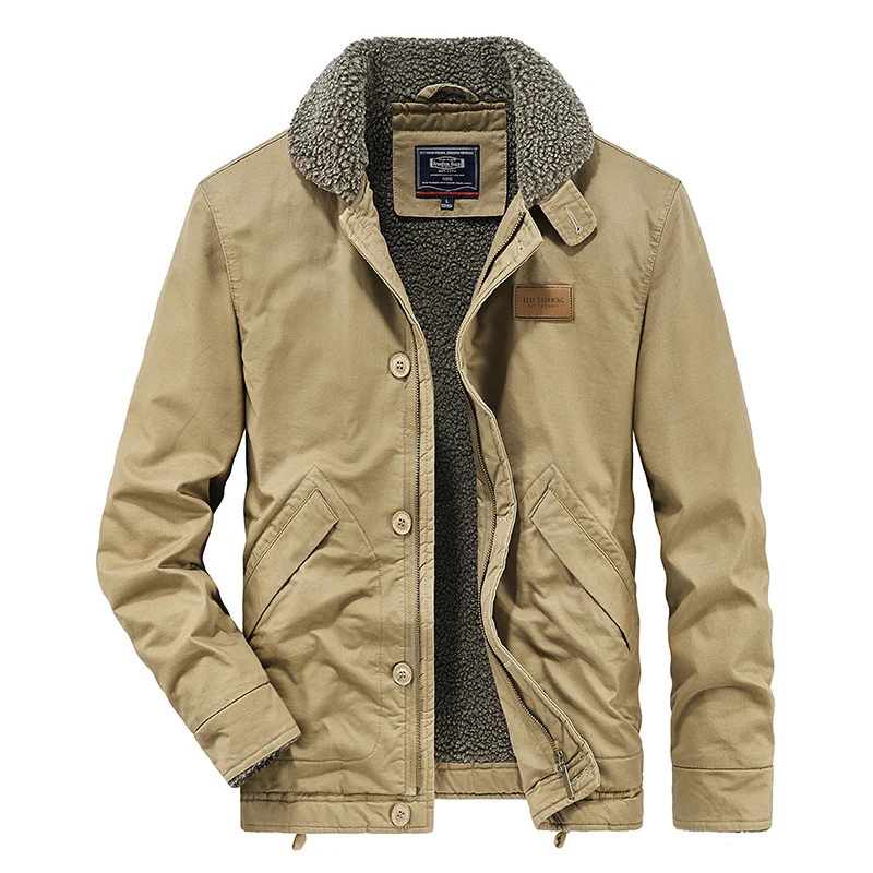 Herren Canvas-Workerjacke mit Sherpa-Futter, Stehkragen und Diagonal-Taschen Drune