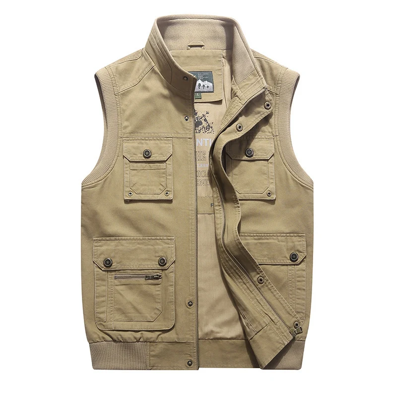 Herren Canvas Utility-Weste mit mehreren Außentaschen, Reißverschluss und Stehkragen Drune