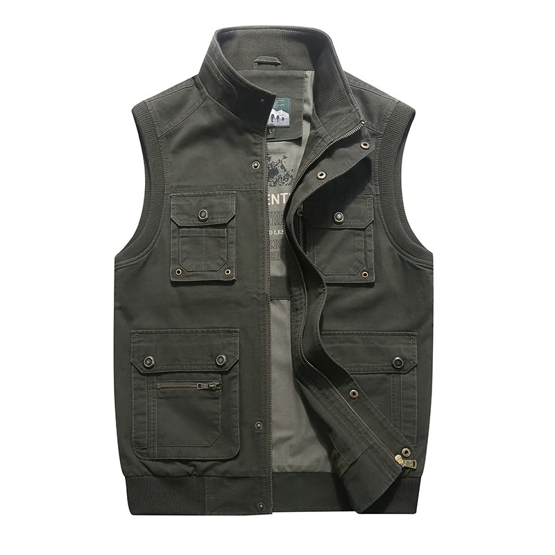 Herren Canvas Utility-Weste mit mehreren Außentaschen, Reißverschluss und Stehkragen Drune