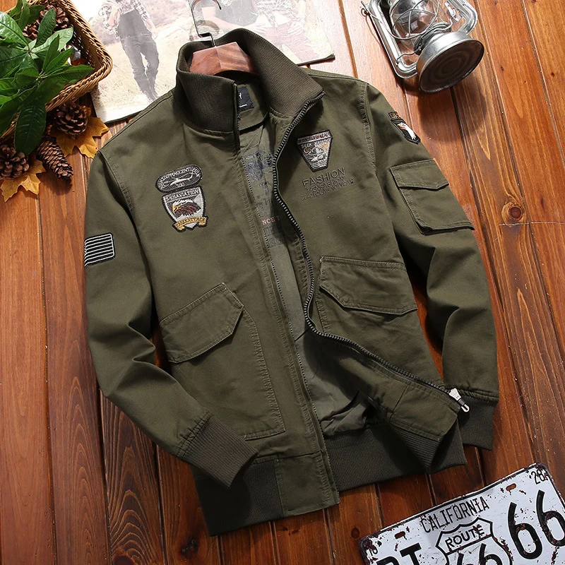Herren Canvas-Pilotenblouson mit Stickpatches, Mehrfachtaschen und Rippenbündchen Drune