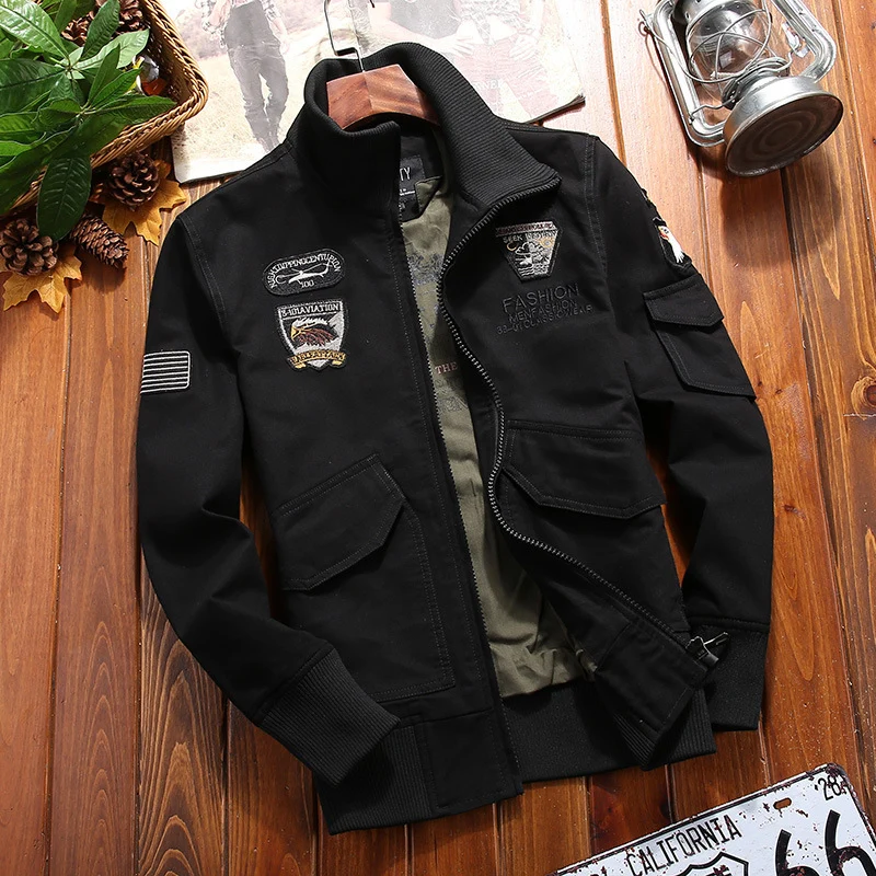 Herren Canvas-Pilotenblouson mit Stickpatches, Mehrfachtaschen und Rippenbündchen Drune