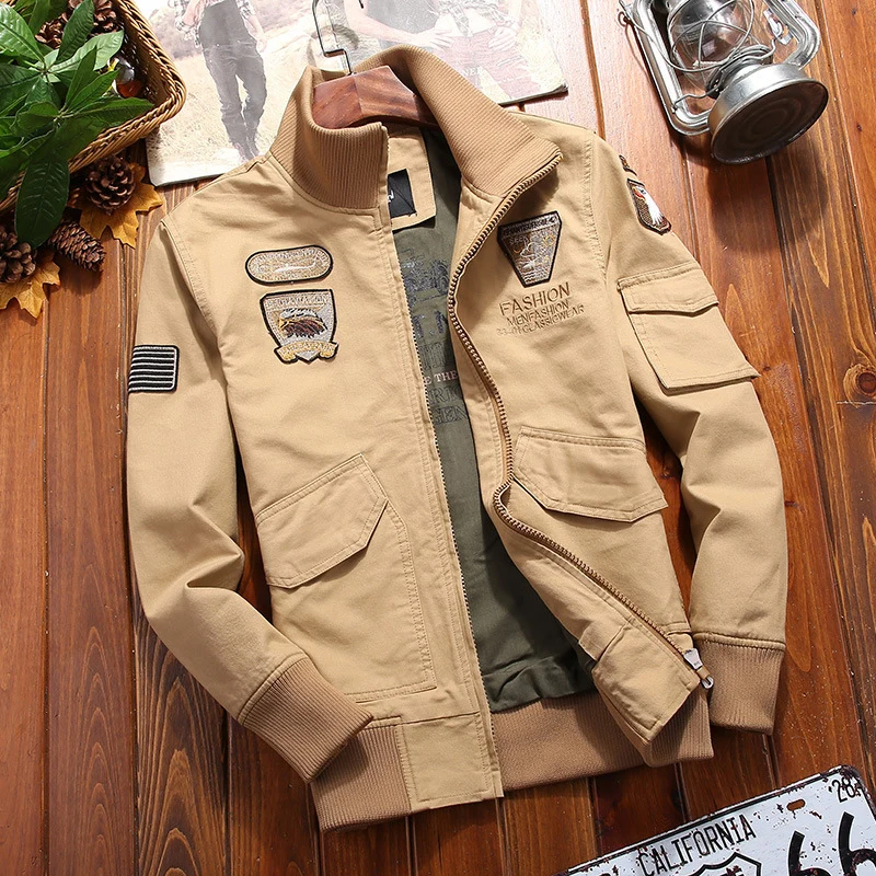 Herren Canvas-Pilotenblouson mit Stickpatches, Mehrfachtaschen und Rippenbündchen Drune