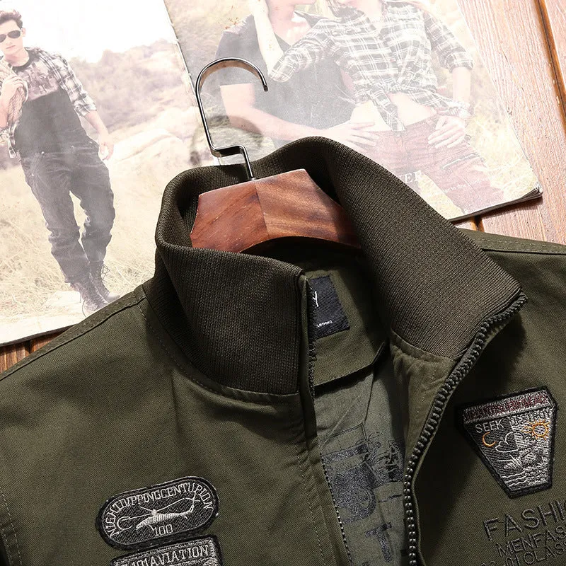 Herren Canvas-Pilotenblouson mit Stickpatches, Mehrfachtaschen und Rippenbündchen Drune