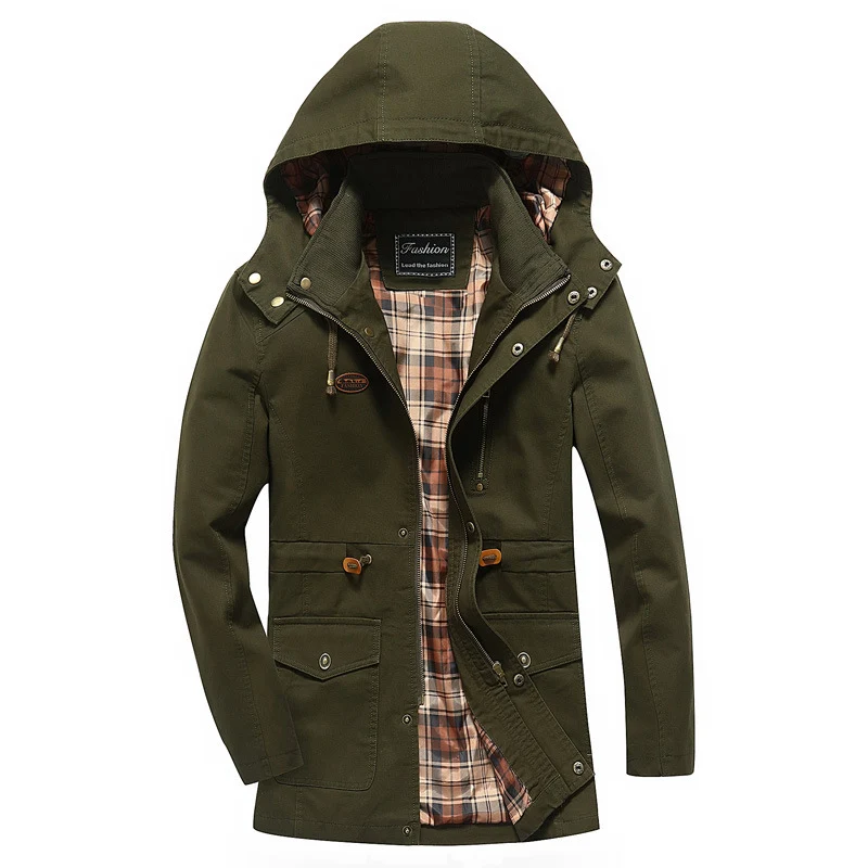 Herren Canvas-Parka mit Kapuze, kariert gefüttertem Innenfutter und Utility-Taschen Drune