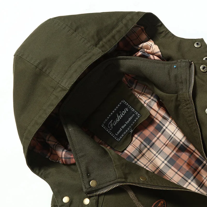 Herren Canvas-Parka mit Kapuze, kariert gefüttertem Innenfutter und Utility-Taschen Drune
