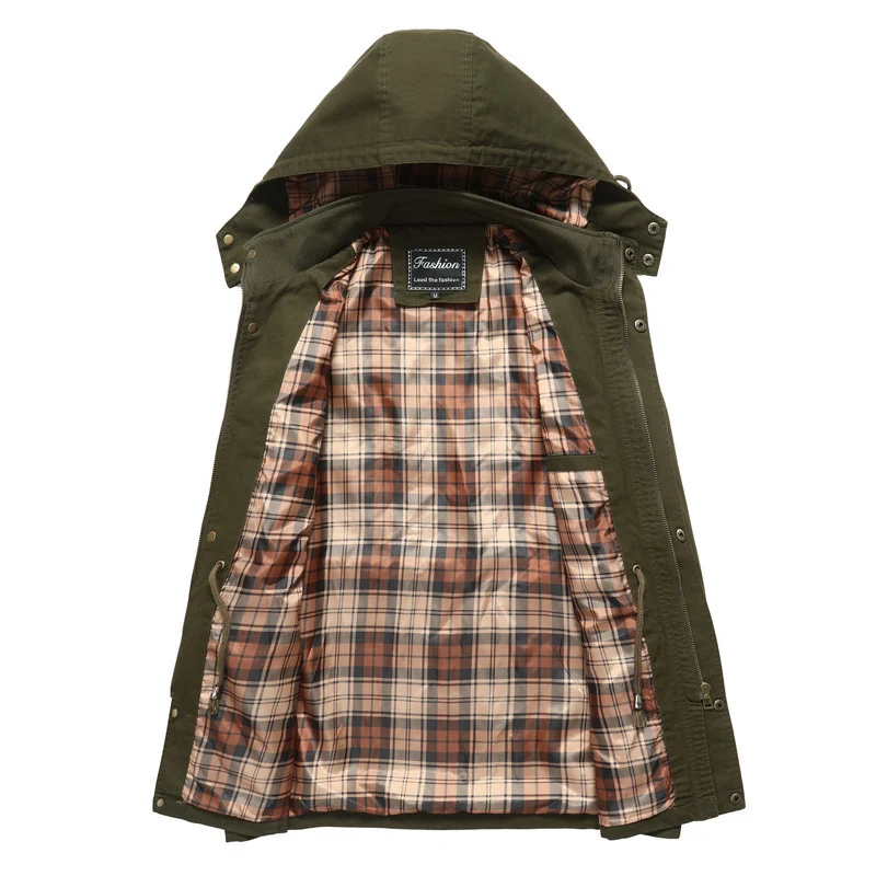 Herren Canvas-Parka mit Kapuze, kariert gefüttertem Innenfutter und Utility-Taschen Drune