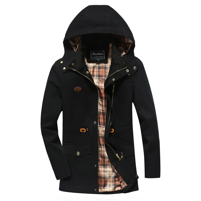 Herren Canvas-Parka mit Kapuze, kariert gefüttertem Innenfutter und Utility-Taschen Drune