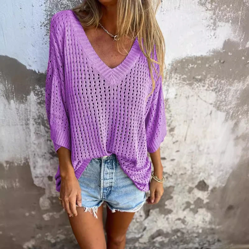 Damen nan luftig gestrickter V-Ausschnitt Pullover im Oversize-Schnitt Drune