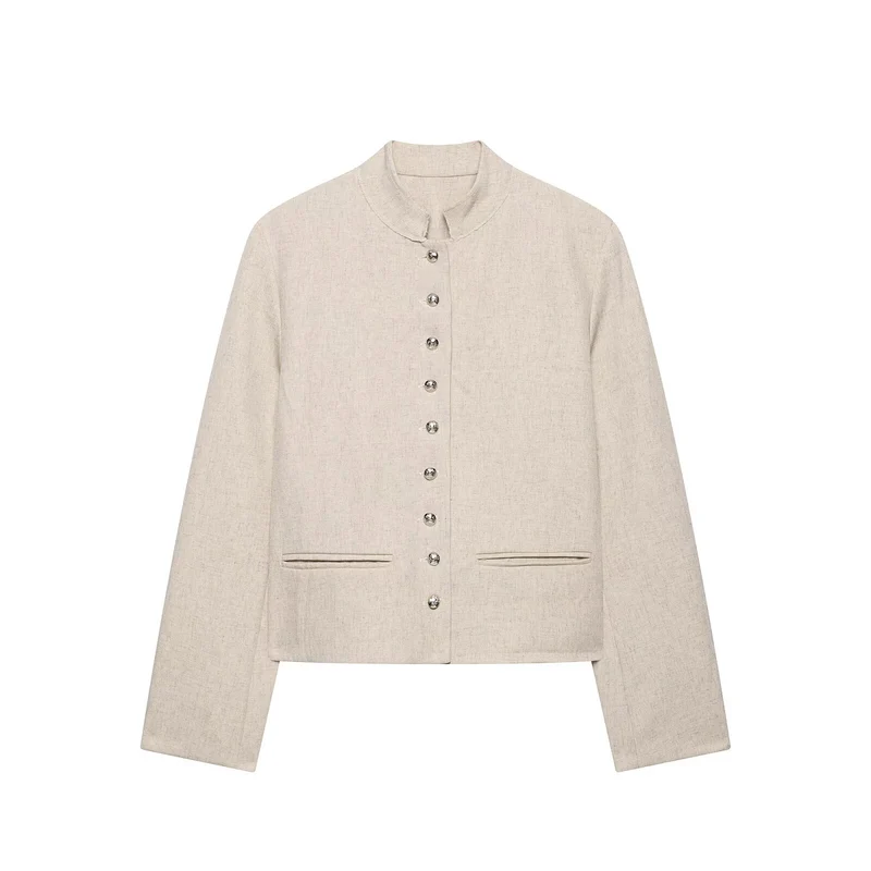 Damen Kurzjacke mit Stehkragen, Zierknopfleiste und Paspeltaschen Drune