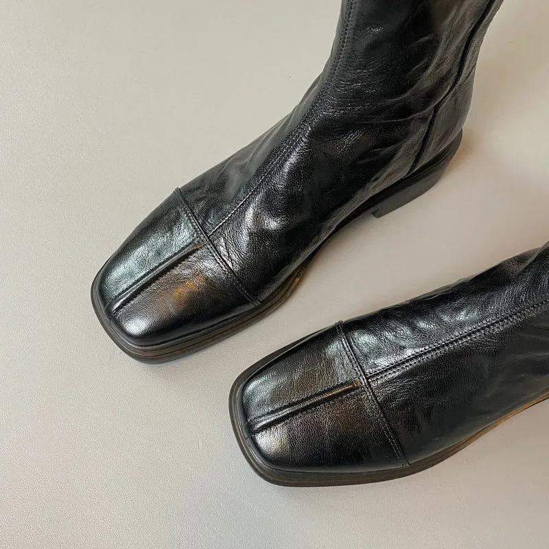 Damen Lederstiefel mit quadratischer Zehenpartie und profilierter Gummisohle Drune