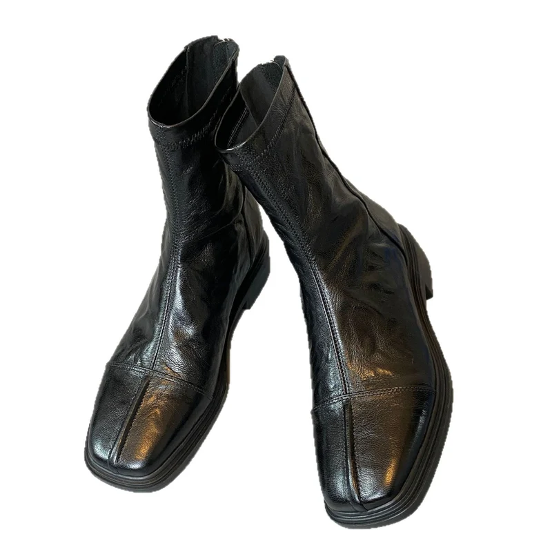 Damen Lederstiefel mit quadratischer Zehenpartie und profilierter Gummisohle Drune