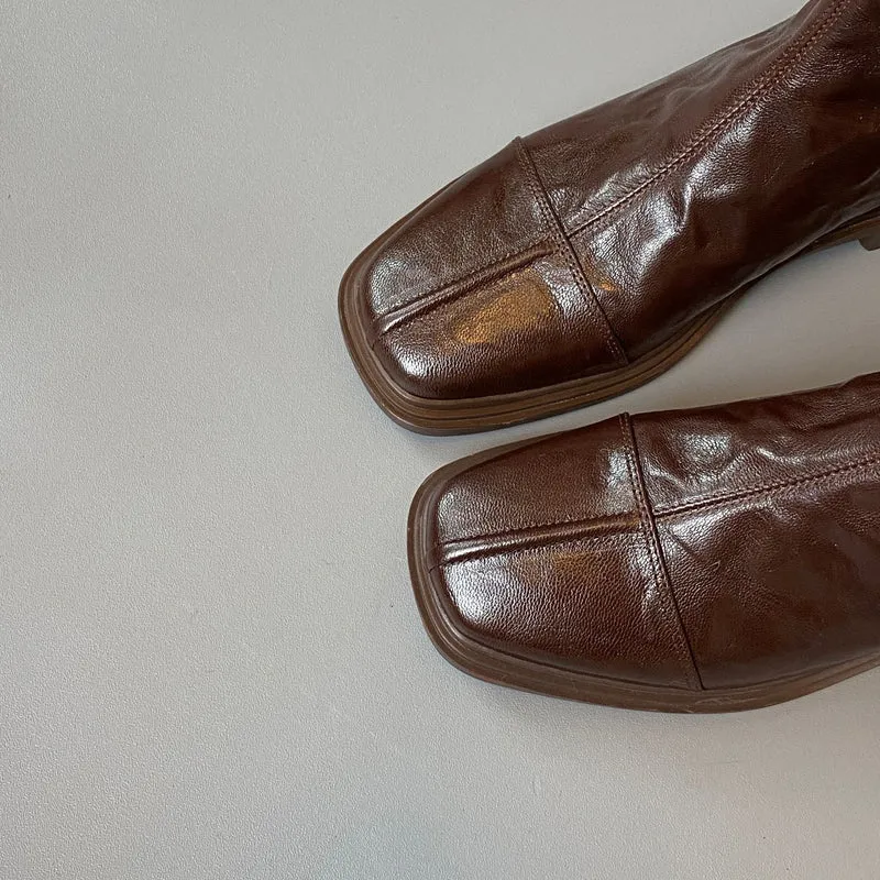 Damen Lederstiefel mit quadratischer Zehenpartie und profilierter Gummisohle Drune