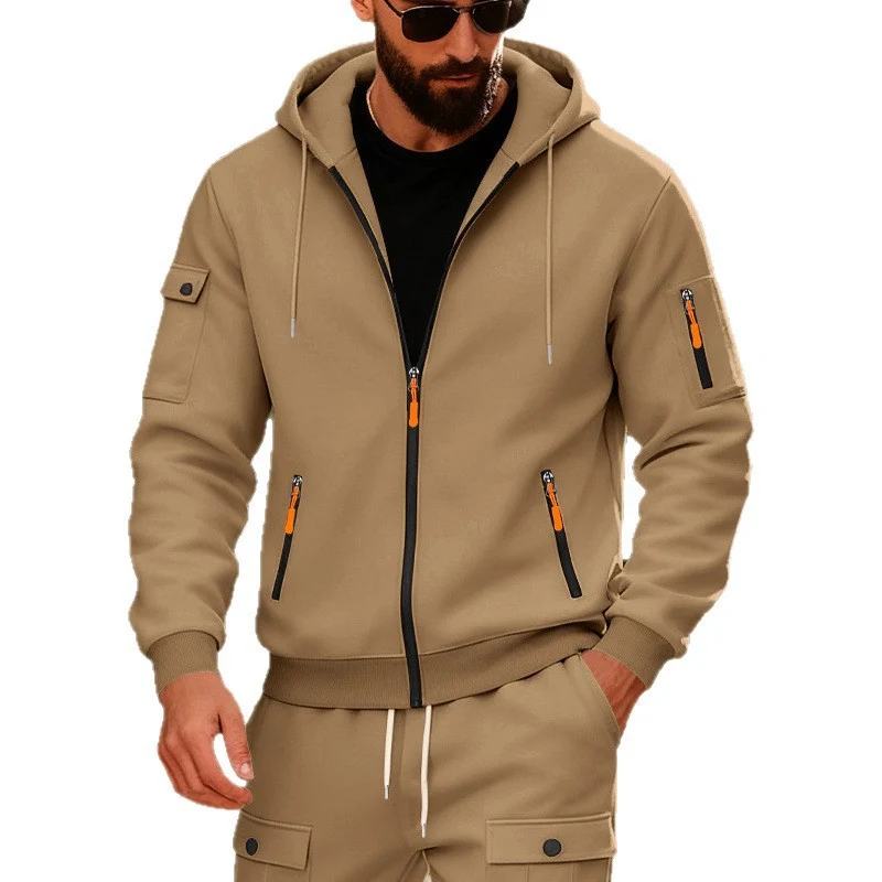 Herren nan Kapuzen-Sweatjacke mit durchgehendem Reißverschluss, mehreren Reißverschlusstaschen und Ärmel-Pocket Drune