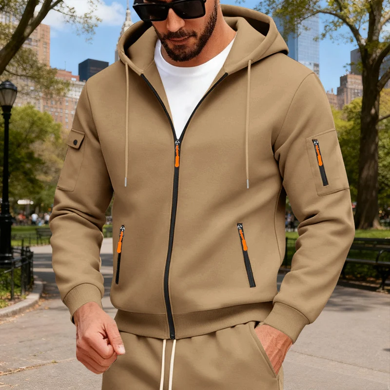 Herren nan Kapuzen-Sweatjacke mit durchgehendem Reißverschluss, mehreren Reißverschlusstaschen und Ärmel-Pocket Drune