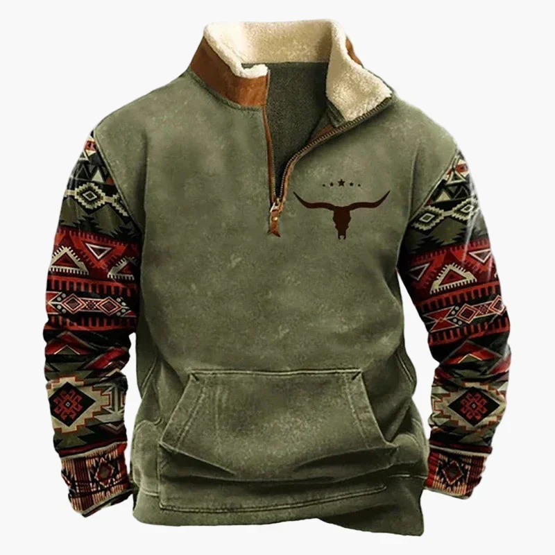 Drune | Western Style Pullover mit Azteken-Muster und Longhorn-Motiv - Bequemer Freizeit-Sweater für Outdoor & Alltag