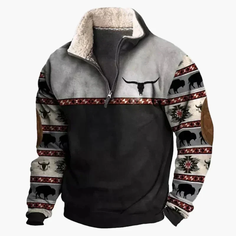 Drune | Western Style Pullover mit Azteken-Muster und Longhorn-Motiv - Bequemer Freizeit-Sweater für Outdoor & Alltag