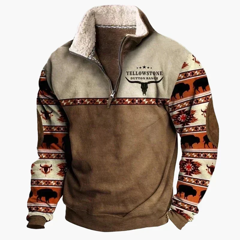 Drune | Western Style Pullover mit Azteken-Muster und Longhorn-Motiv - Bequemer Freizeit-Sweater für Outdoor & Alltag