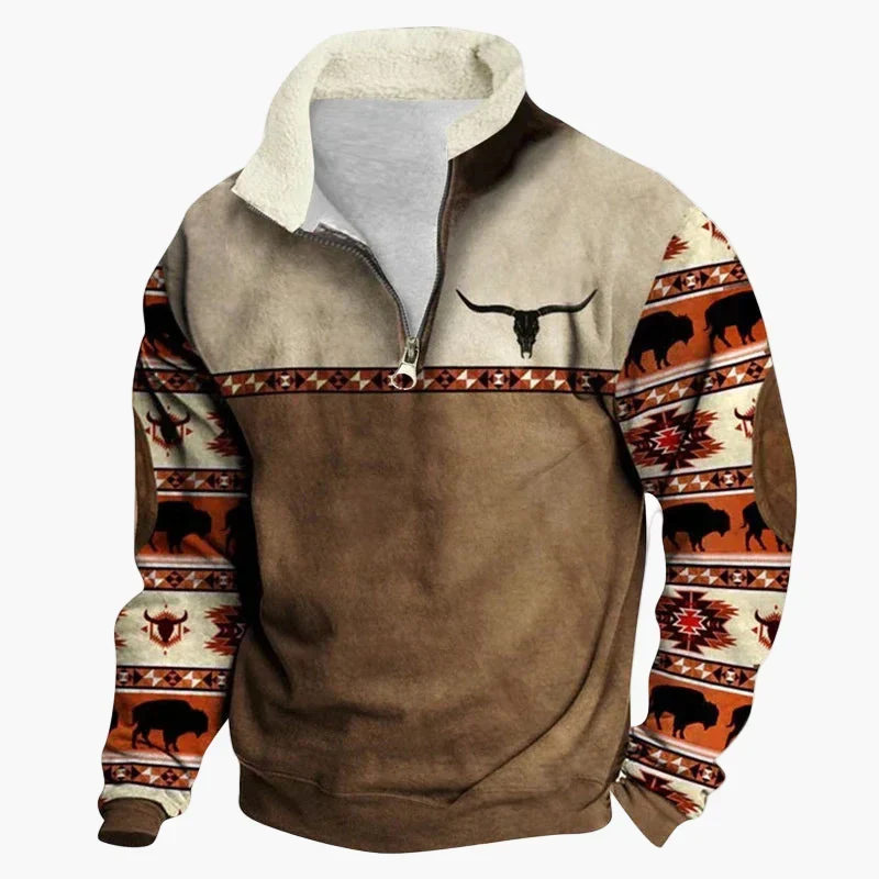 Drune | Western Style Pullover mit Azteken-Muster und Longhorn-Motiv - Bequemer Freizeit-Sweater für Outdoor & Alltag