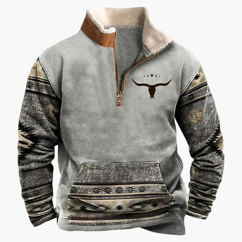 Drune | Western Style Pullover mit Azteken-Muster und Longhorn-Motiv - Bequemer Freizeit-Sweater für Outdoor & Alltag