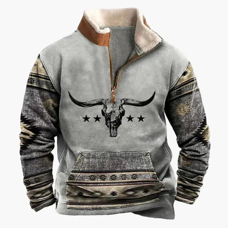 Drune | Western Style Pullover mit Azteken-Muster und Longhorn-Motiv - Bequemer Freizeit-Sweater für Outdoor & Alltag
