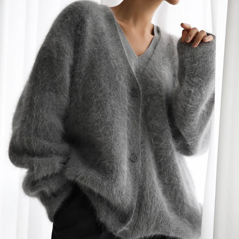 Damen flauschige Strickjacke mit tiefem V-Ausschnitt und großen Knopfdetails Drune