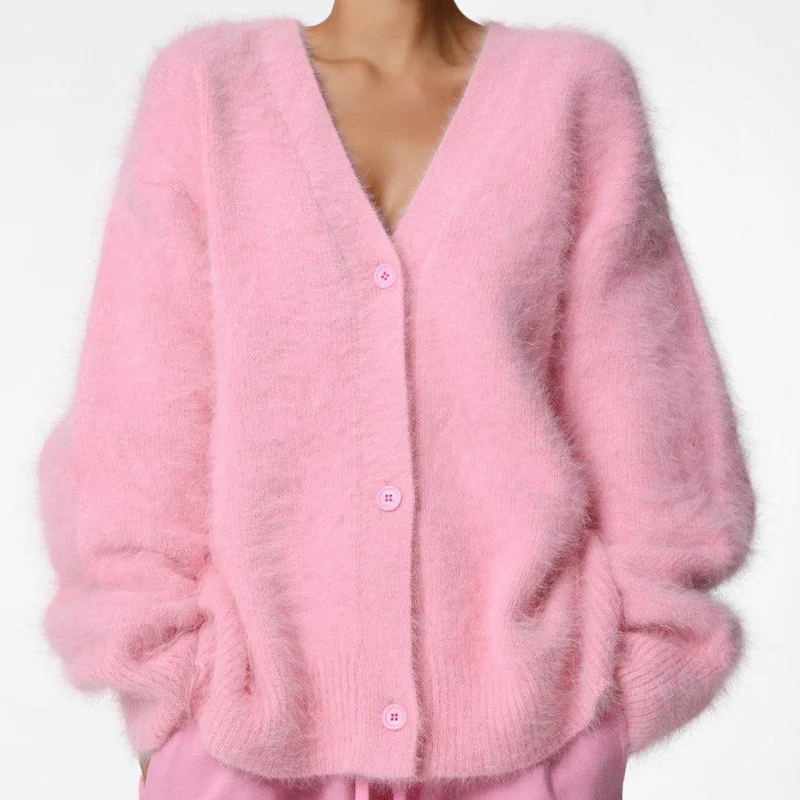 Damen flauschige Strickjacke mit tiefem V-Ausschnitt und großen Knopfdetails Drune