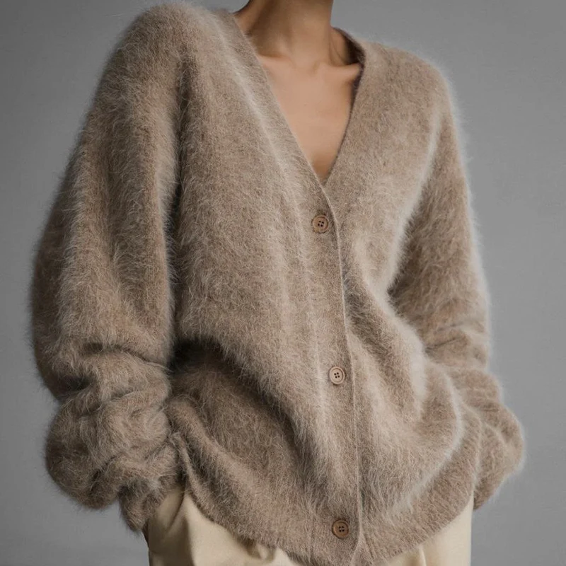 Damen flauschige Strickjacke mit tiefem V-Ausschnitt und großen Knopfdetails Drune