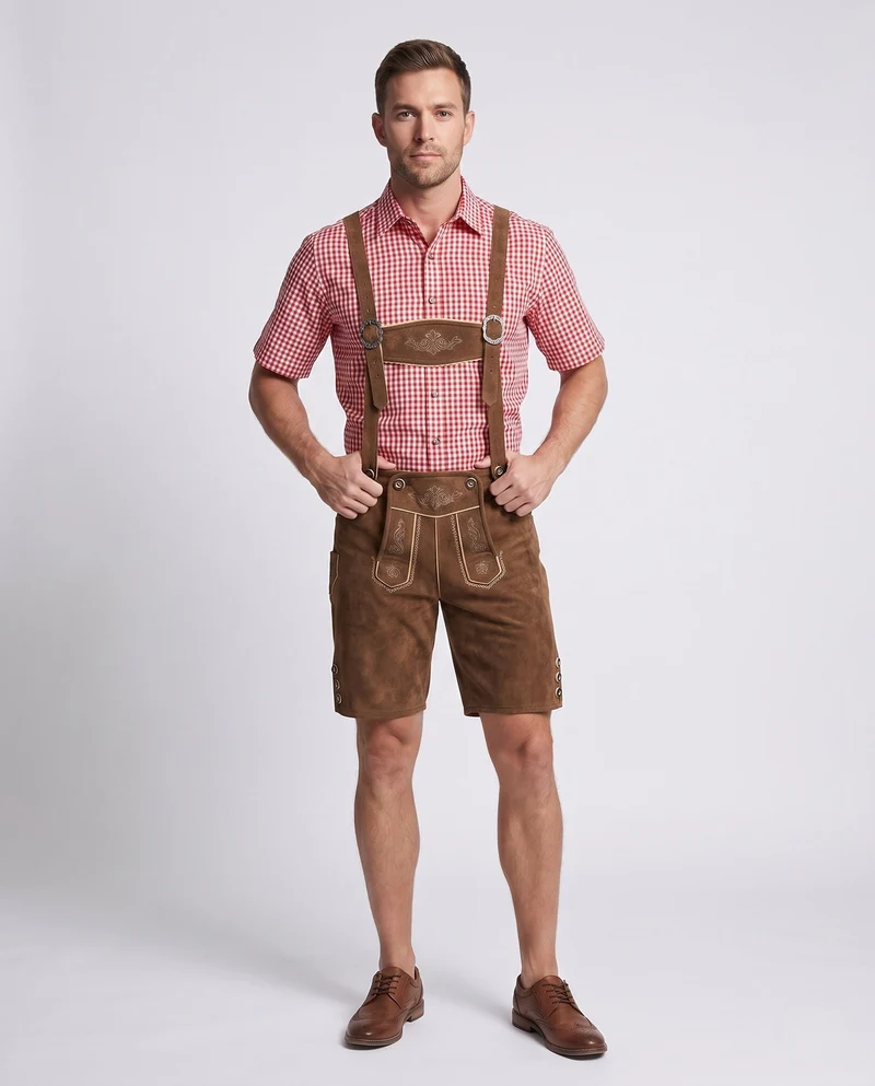 Herren Trachten-Lederhose mit kunstvollen Stickereien und verstellbaren Trägern Drune