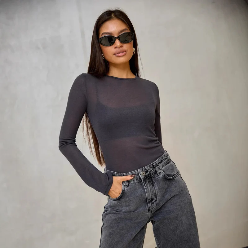Damen Langarmshirt mit eleganten V-Ausschnitt und feinem Netzstoff Drune