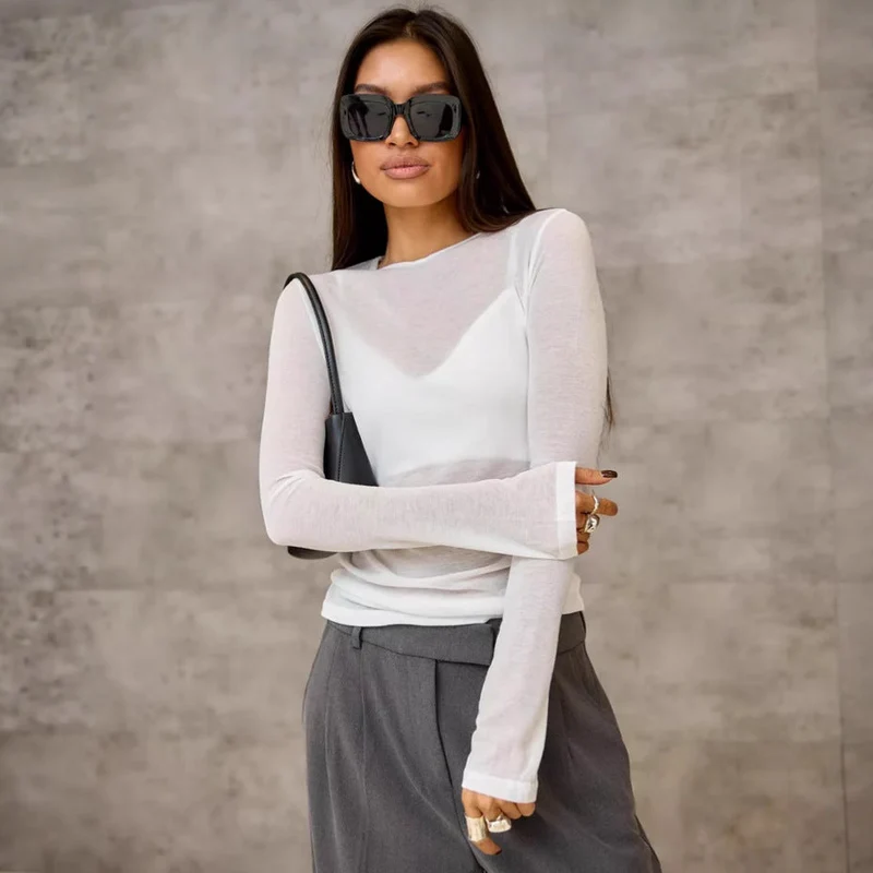 Damen Langarmshirt mit eleganten V-Ausschnitt und feinem Netzstoff Drune