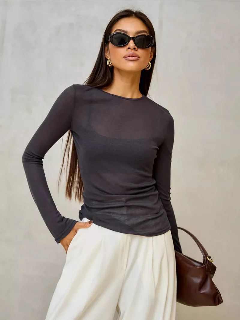 Damen Langarmshirt mit eleganten V-Ausschnitt und feinem Netzstoff Drune