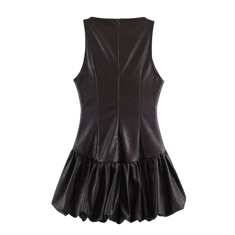 Damen ärmelloses Kunstlederkleid mit voluminösem Rock Drune