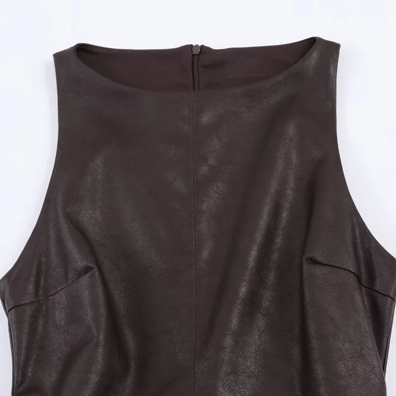 Damen ärmelloses Kunstlederkleid mit voluminösem Rock Drune