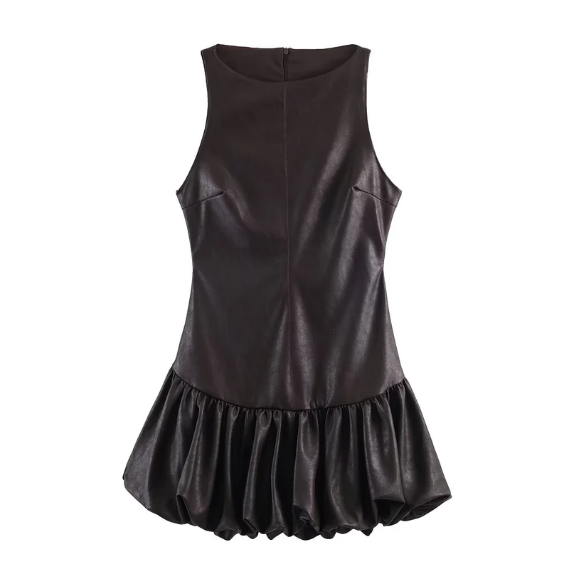 Damen ärmelloses Kunstlederkleid mit voluminösem Rock Drune