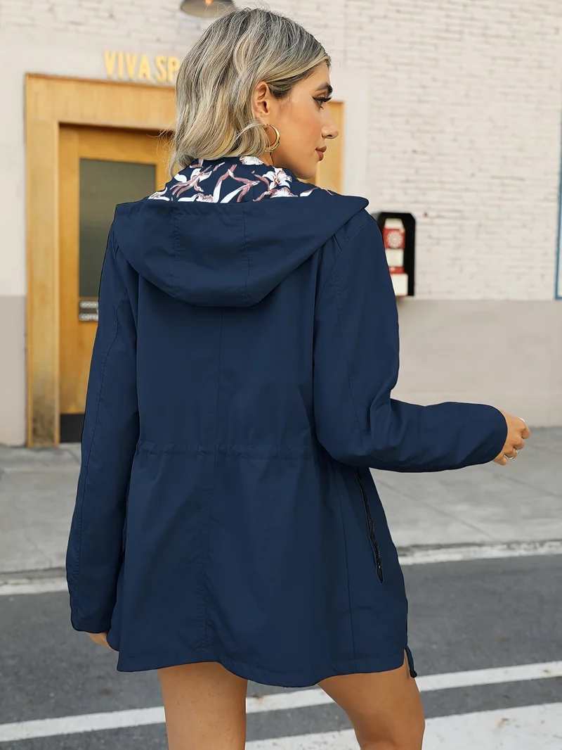 Drune | Damen Regenjacke mit Kapuze und Blumenmuster Futter