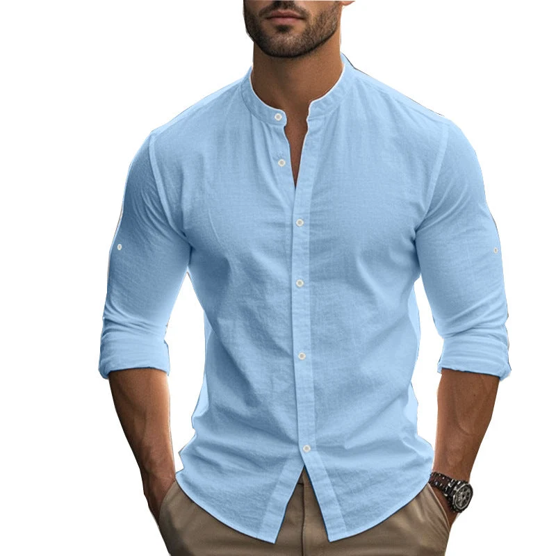 Herren Langarm-Hemd mit modernem Henley-Kragen und kontrastierenden Knopfdetails Drune