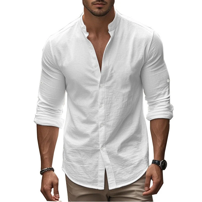 Herren Langarm-Hemd mit modernem Henley-Kragen und kontrastierenden Knopfdetails Drune