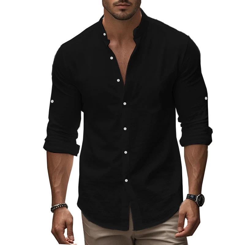 Herren Langarm-Hemd mit modernem Henley-Kragen und kontrastierenden Knopfdetails Drune