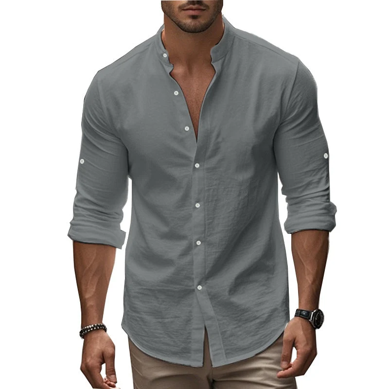 Herren Langarm-Hemd mit modernem Henley-Kragen und kontrastierenden Knopfdetails Drune