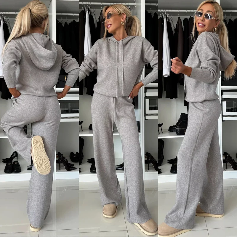 Damen kuscheliger Strick-Jogginganzug mit kurzem Kapuzenpullover und weitem Fließbein Drune
