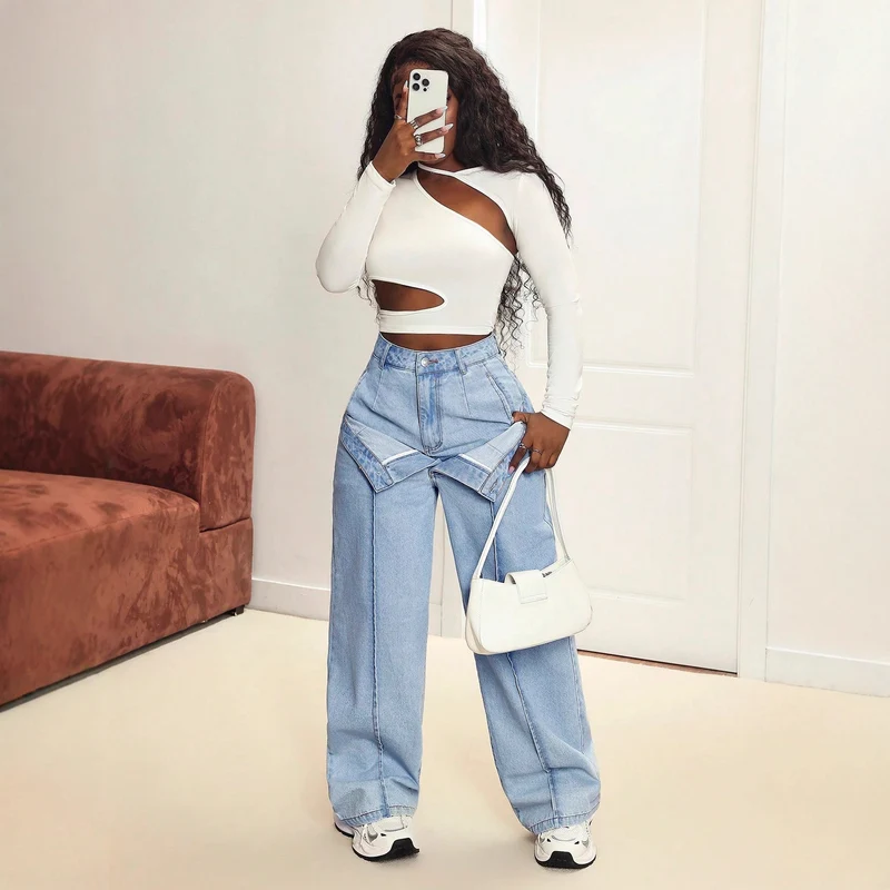 Damen weite Jeans mit innovativem Schnitt und asymmetrischem Design Drune