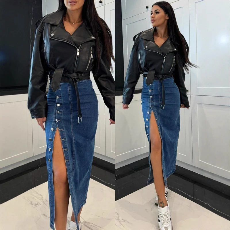 Damen Baumwoll-Denimrock mit Knopfleiste und Schlitz Drune