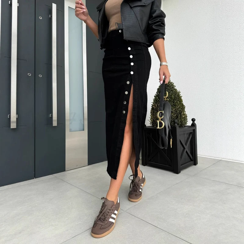 Damen Baumwoll-Denimrock mit Knopfleiste und Schlitz Drune