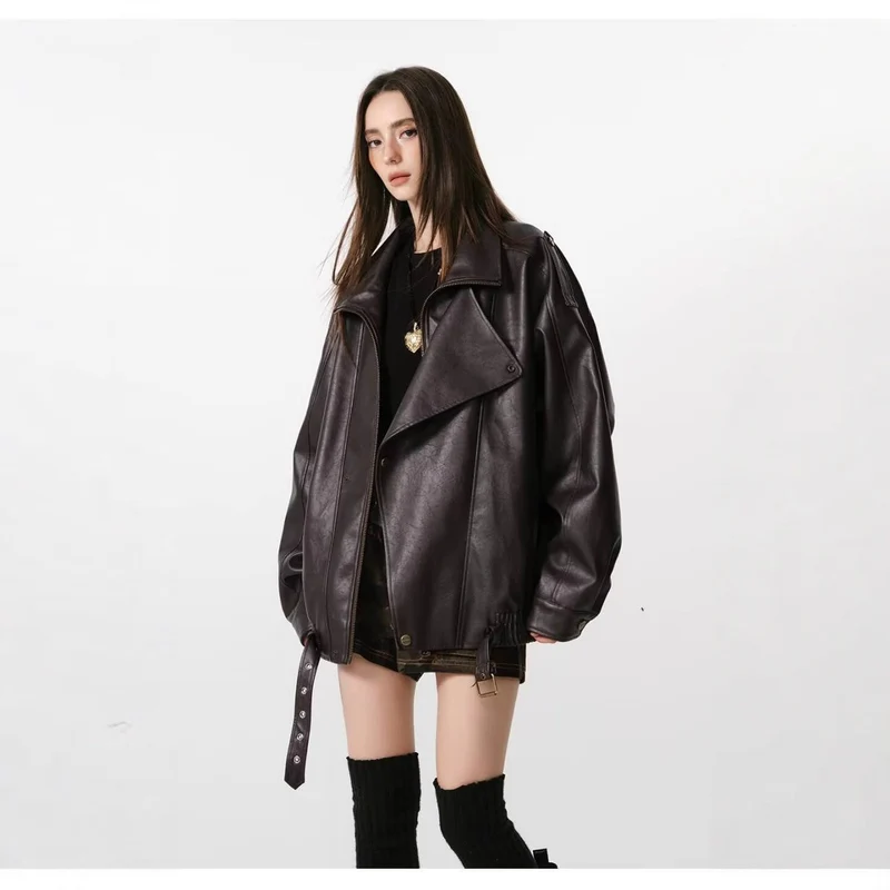 Damen Kunstlederjacke mit hohem Kragen und lässigem Schnitt Drune