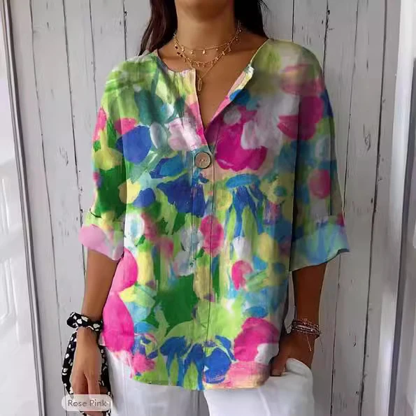 Damen Lose Blumenmuster Leinenlook Bluse Tunika mit V-Ausschnitt und Dreiviertelärmeln Drune