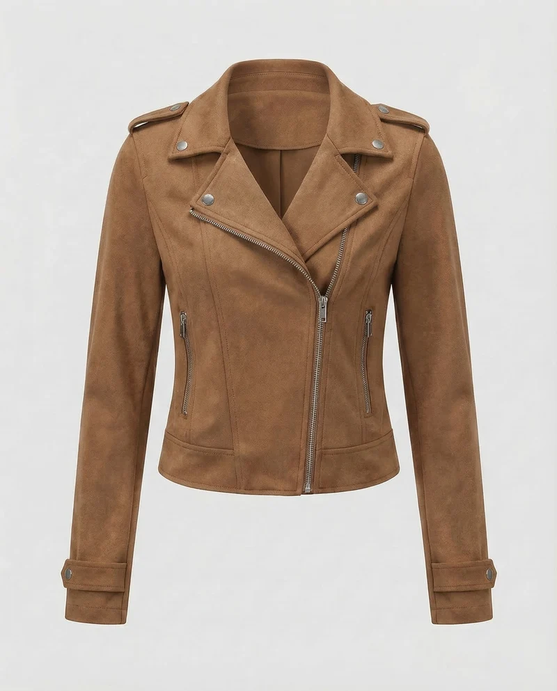 Damen Bikerjacke Kapuze Asymmetrischer Reißverschluss