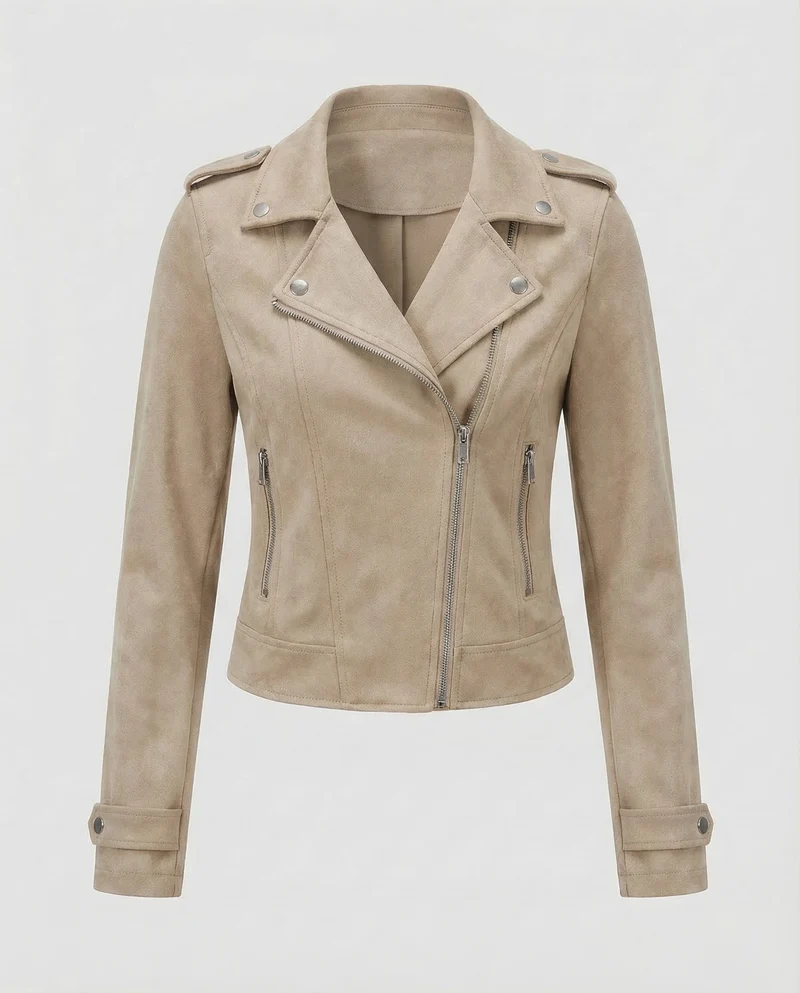 Damen Bikerjacke Kapuze Asymmetrischer Reißverschluss